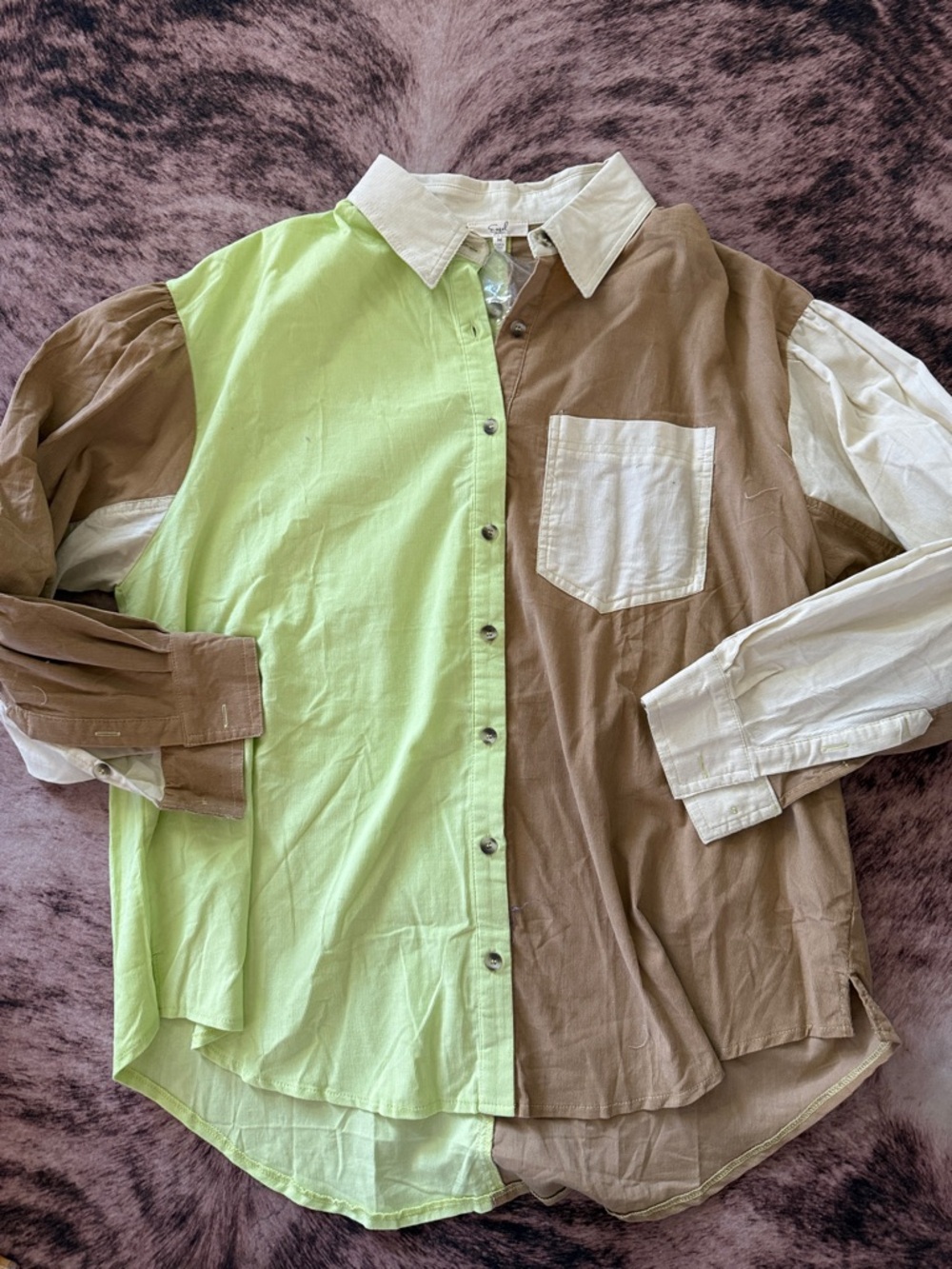 easel Colorblock Button-Down Shirt in Lime Green, Brown & Cream
